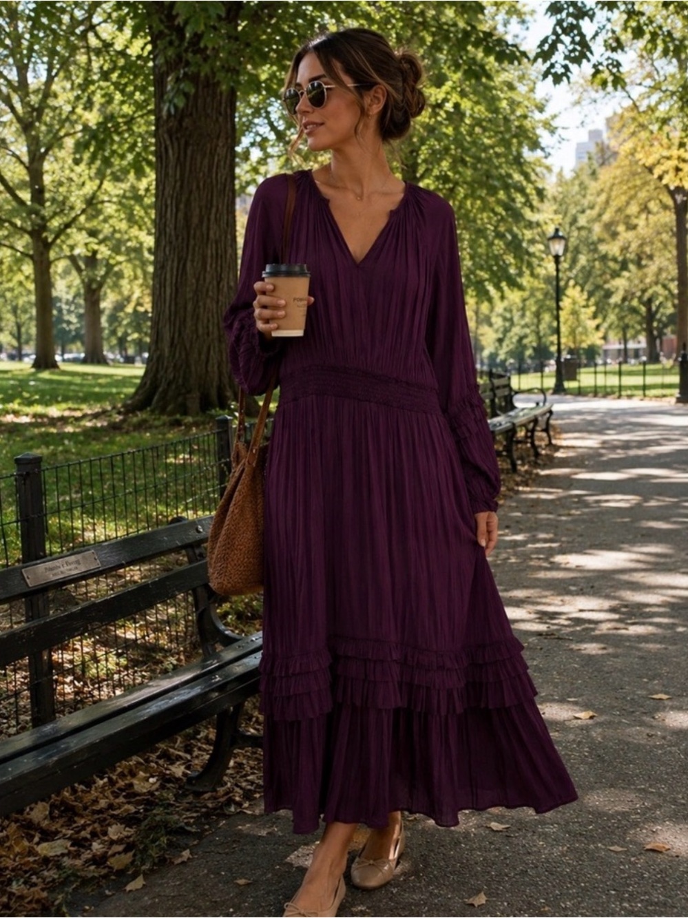 Evereve Long Sleeve V-Neck Tiered Maxi Dress in Plum